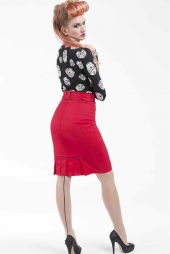 Red Pleat Pencil Skirt